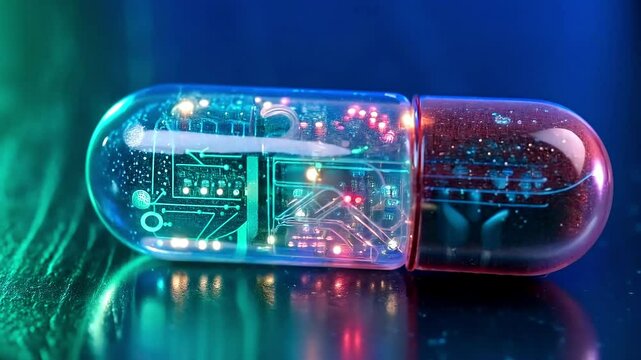 Futuristic Smart Pill Capsule Embedded with Microelectronic Circuitry, Illuminated by Blue and Red Lights on Dark Surface, Representing Advanced Medical and Pharmaceutical Technology