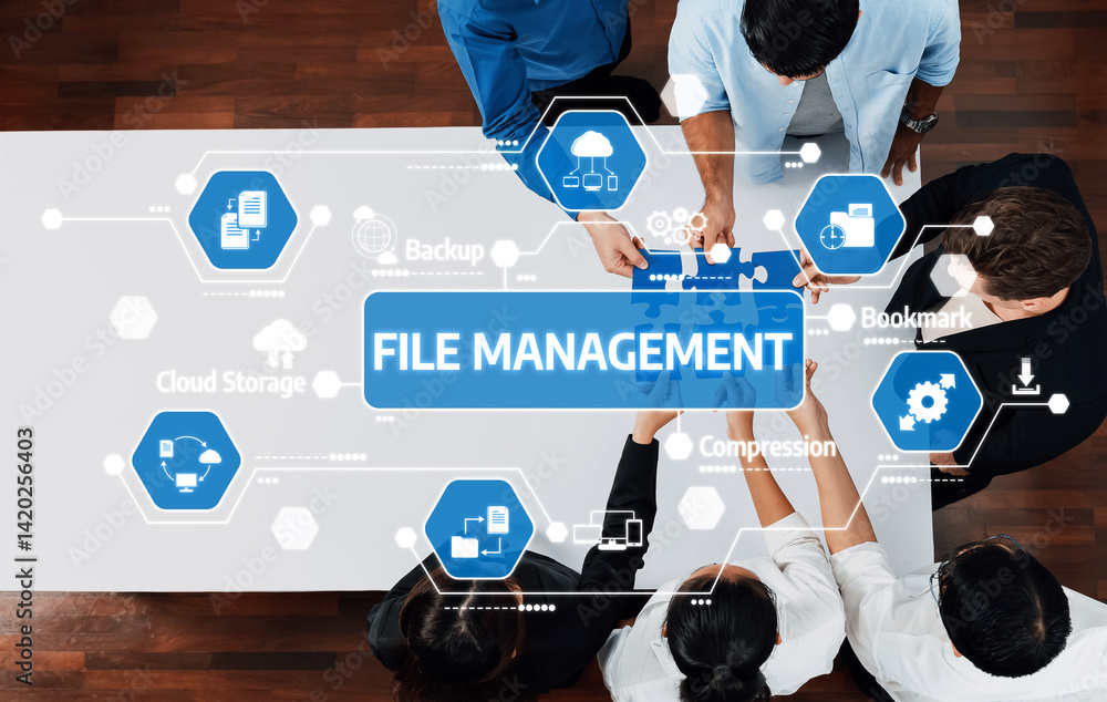 Poster explore effective file management strategies for contemporary workplaces, emphasizing collaboration 