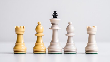 Chess pieces in strategic arrangement.  White pieces stand in opposition to a single black piece.  A  classic game of strategy and competition