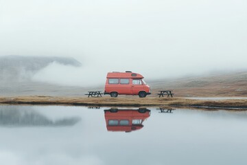 A green van is parked next to a picnic table by a lake. camper van parked at the green grass by lake with mountain background in cloudy day