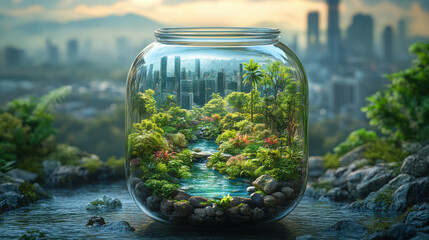 HO scale A glass jar containing a picturesque island with lush vegetation and a serene water feature, set against the evolving Phnom Penh.