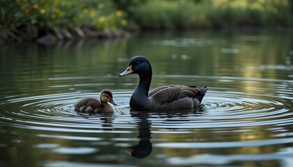 Duck and Duckling Swimming in Calm Pond with Gentle Ripples, Surrounded by Lush Greenery, Creating a Serene and Natural Wildlife Scene in a Peaceful Setting