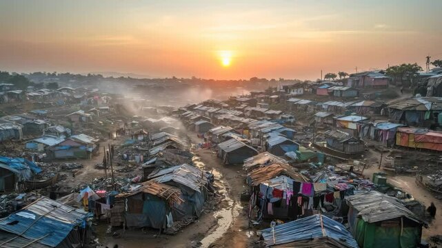 Crowded settlement, makeshift homes, poverty. Sunrise. Clothing lines. Uneven terrain with dirt paths