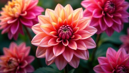 Intricate dahlia blooms, vibrant hues, lush petals, dahlia, design element