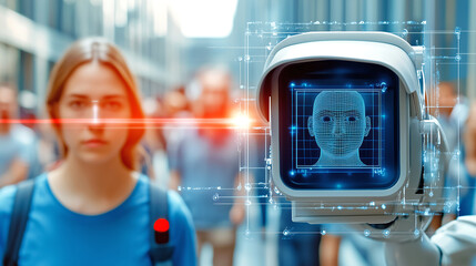 Advanced facial recognition technology scans a young woman's face as she walks through a bustling city area filled with pedestrians