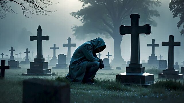 Hooded figure mourns by grave in foggy cemetery with trees and cross headstones