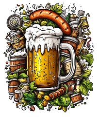 A vibrant cartoon doodle beer and octoberfest symbols