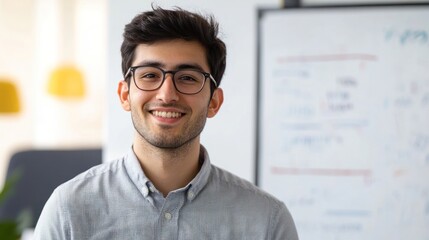 Obraz premium Young man smiling in modern office with whiteboard
