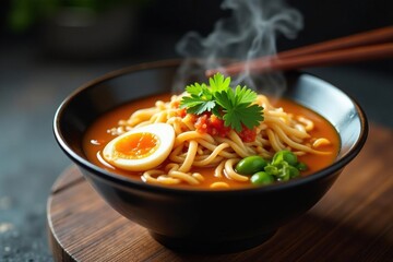 Steaming bowl of ramen noodles, chopsticks, garnish, chopsticks, chinese