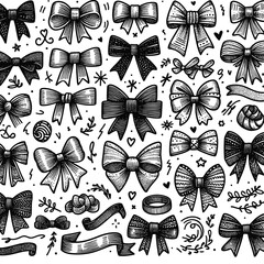 Seamless Pattern of Hand-Drawn Decorative Bows and Festive Elements Repeating Vector Design with Vintage Style Ribbons, Stars, Hearts, and Swirls.