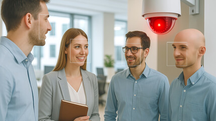 Four professionals engage in conversation and share thoughts in a contemporary office setting. The atmosphere is collaborative, with a camera keeping watch for security