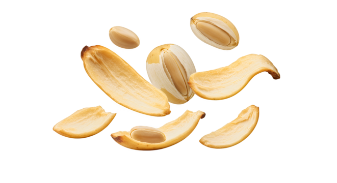 Roasted date pits, sliced and suspended, show their texture, displaying a healthy, sweet snack.