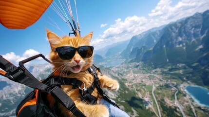 A cat wearing sunglasses is flying in the air