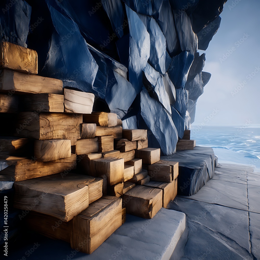 Poster rustic stone block steps leading to coastal edge near craggy rock cliff and ocean view.