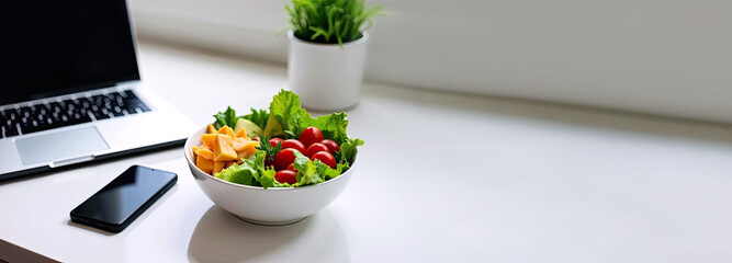 A healthy snack while working from home: a bowl of vegetables, salad and equipment for work. The interior of a home office.
