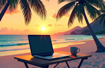 Laptop on a wooden table against the background of a sunrise landscape with palm trees, sea and sandy beach