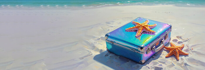 A blue suitcase is lying on a sandy beach, a banner with a place for the text