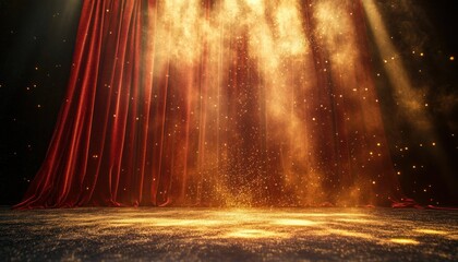 Illuminated stage with vibrant crimson curtains and ethereal golden light beams