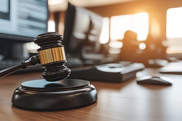 Gavel on desk in office setting.  Legal concept
