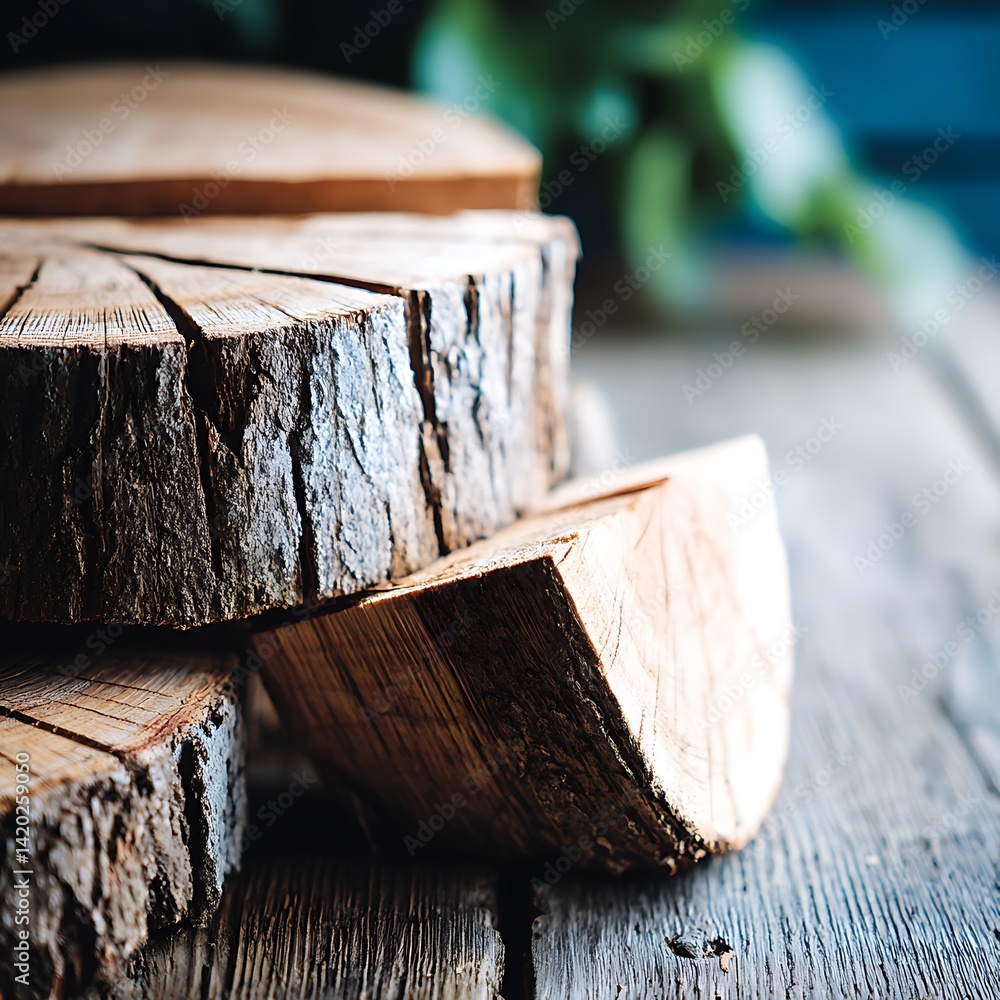 Poster rustic woodpile texture of timber log segments stacked on weathered plank backdrop surface.