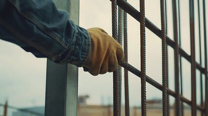 Construction worker securing framework at a building site. Featuring safety and teamwork