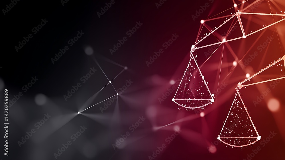 Poster scales of justice with glowing plexus connecting nodes for law and technology digital design.