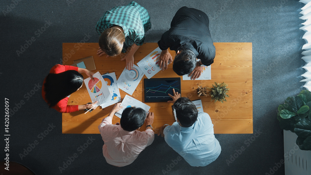 Poster top down aerial view of smart business people analyze data together at meeting. group of business te