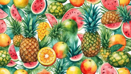 Watercolor background with tropical fruit compositions featuring pineapples, mango, and watermelon in bold watercolor tones