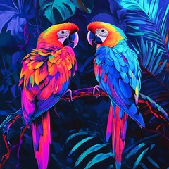 Obraz premium Psychedelic parrot pair illustration with neon jungle theme