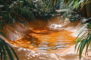 Hidden pool of ochre water in a tropical grove.