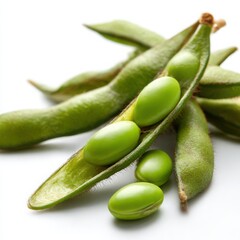 Edamame pods and beans close up on white background