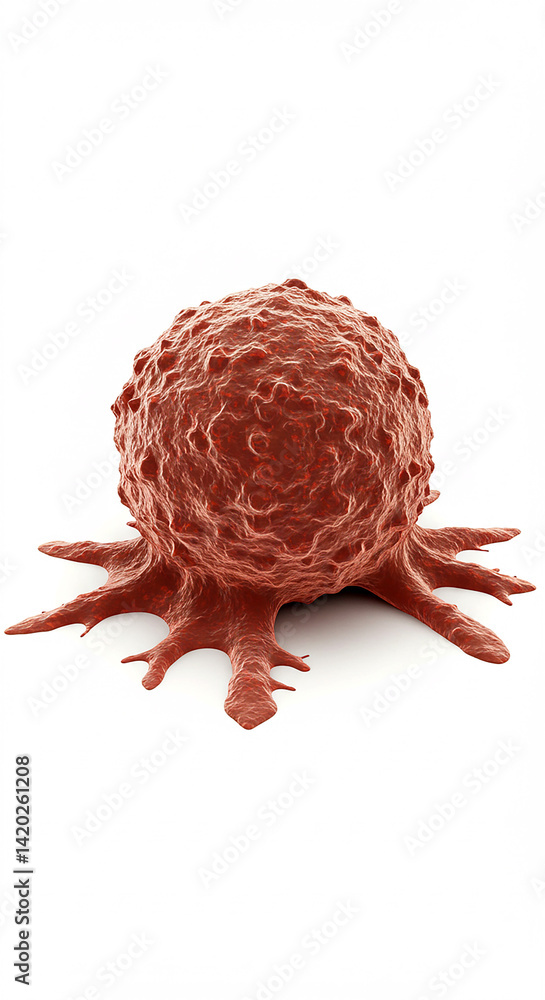 Poster red cell on white background. closeup view of round textured object with arms. microscopic medical i