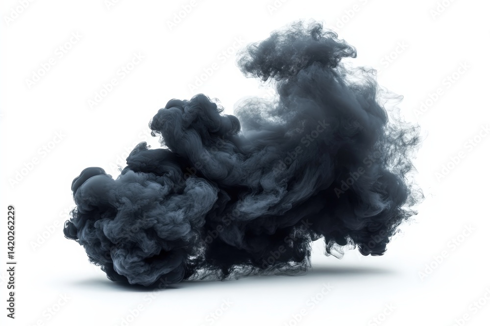 Poster dark swirling smoke creates an abstract formation against a white background, illustrating the beaut