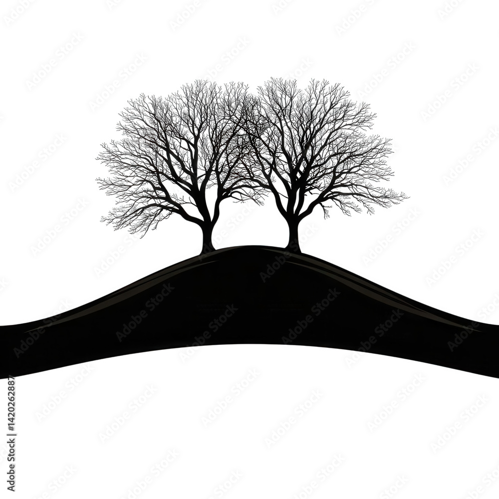 Poster two leafless trees with intricate branches stand on a gentle hill, creating a striking silhouette.