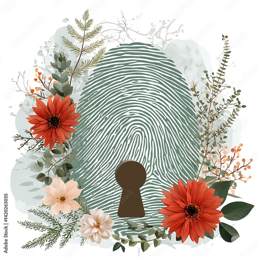 Aufkleber secure digital identity fingerprint authentication with botanical frame keyhole elegance.