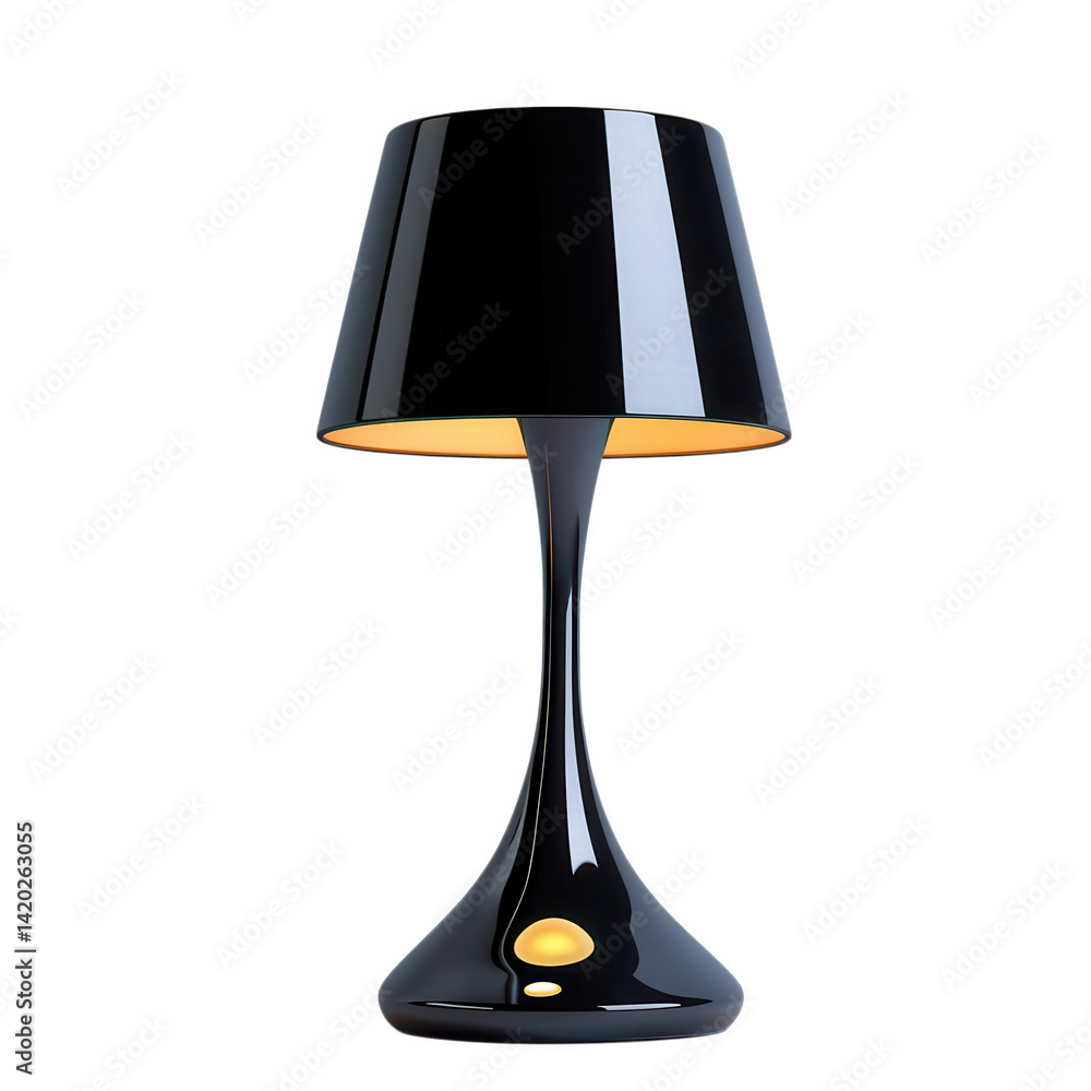 Poster a sleek black lamp featuring a modern design with a glossy finish and an elegant shade, emanating so