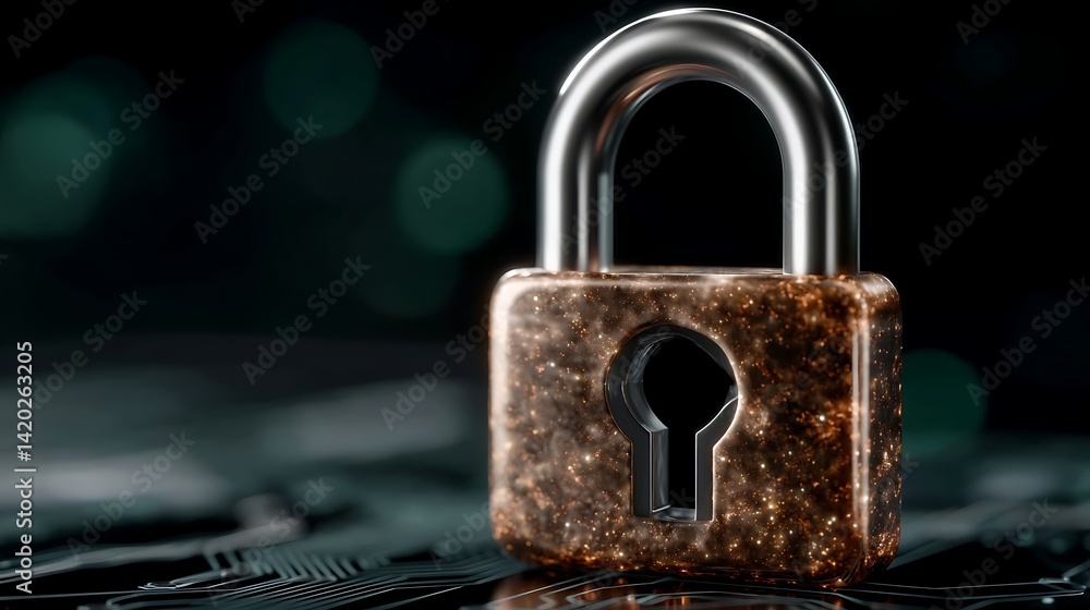 Poster secure lock symbolizing digital data safety on a modern circuit board for technological security.