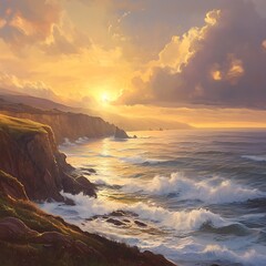 Obraz premium Sunlight dipping below ocean line with cliffs in silhouette high resolution picture