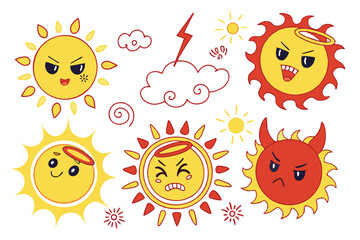 37 Sun emojis, cartoon expressions, yellow and red suns, diverse emotions, cute faces, hypnotic swirls, devil horns, angel halo, jester hat, colorful designs, vector art, kawaii style, mood indicators