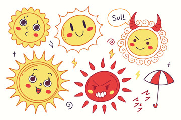 37 Sun emojis, cartoon expressions, yellow and red suns, diverse emotions, cute faces, hypnotic swirls, devil horns, angel halo, jester hat, colorful designs, vector art, kawaii style, mood indicators