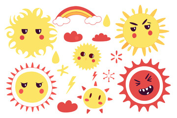 37 Sun emojis, cartoon expressions, yellow and red suns, diverse emotions, cute faces, hypnotic swirls, devil horns, angel halo, jester hat, colorful designs, vector art, kawaii style, mood indicators