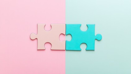 Two pastel puzzle pieces interlock on a pink and blue background