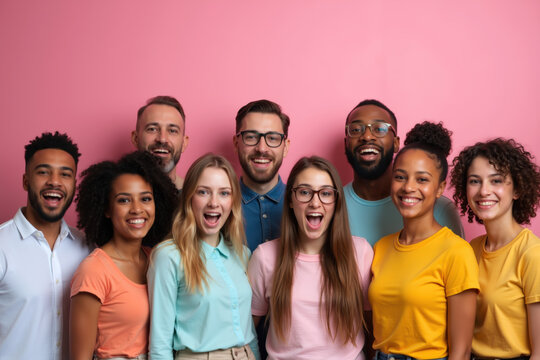 A vibrant, multicultural group of happy individuals posing together against a bright pink backdrop, exuding joy and camaraderie.