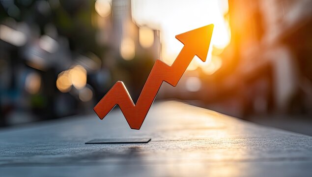 Upward trending arrow symbol, sunset backdrop