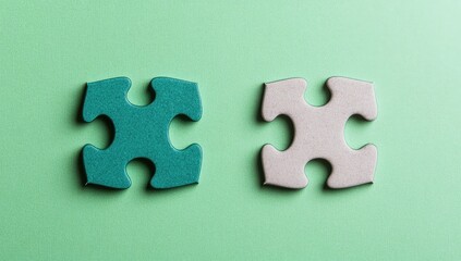 Fototapeta premium Two puzzle pieces, teal and off-white, sit side-by-side on a green background