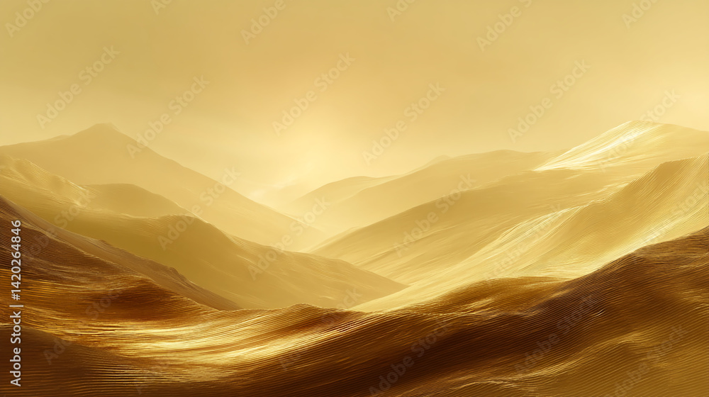 Poster abstract image of golden, undulating hills under a hazy yellow sky, creating a serene and minimalist