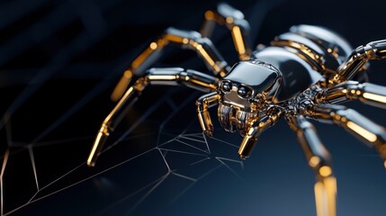A metallic spider with gold eyes and legs is standing on a black background