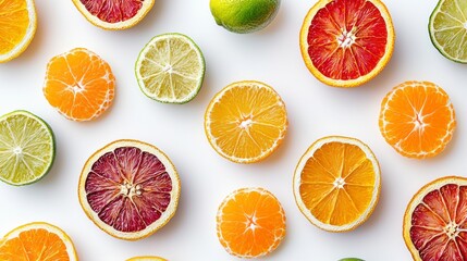 A close up of many different colored oranges and limes