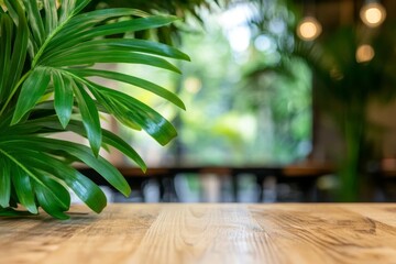 Wooden table with vibrant green foliage.  A rustic wooden surface with lush green tropical plants in the foreground and a blurred restaurant or cafe setting in the background