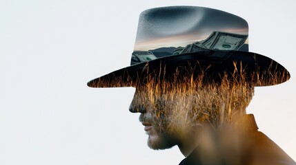 A man wearing a cowboy hat is shown in a field with a pile of money